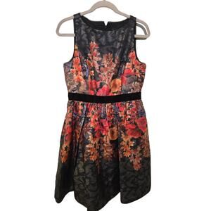 Adrianna Papell Metallic Black & Orange Floral Cocktail Velvet Party Dress Sz 8